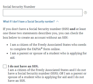 Screenshot depicting Social Security Number section of the FAFSA website